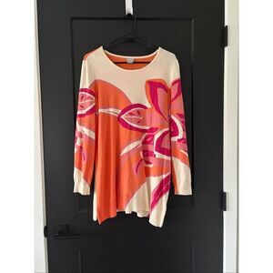 Chico’s Floral Bright Orange Pink Blouse Tunic Cotton Sweater Size 2 (L)
